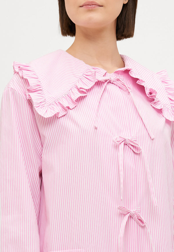 Pink Stripes Lybid Cotton Pajama Set With Ruffled Collar