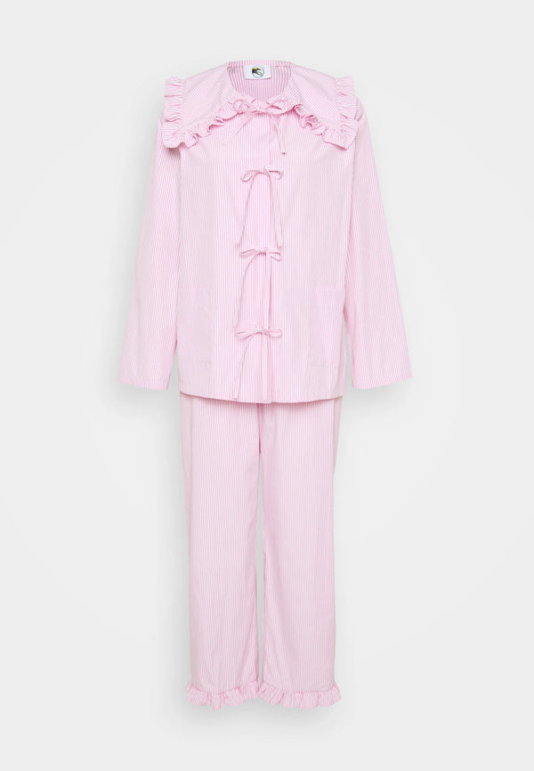 Pink Stripes Lybid Cotton Pajama Set With Ruffled Collar