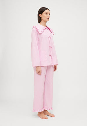 Pink Stripes Lybid Cotton Pajama Set With Ruffled Collar