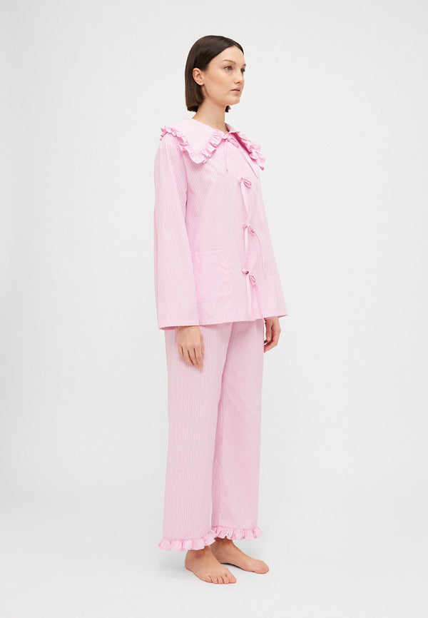 Pink Stripes Lybid Cotton Pajama Set With Ruffled Collar