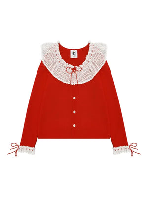 Red Malena Knitted Cardigan with Lace Collar