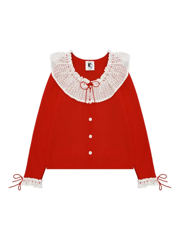 Red Malena Knitted Cardigan with Lace Collar