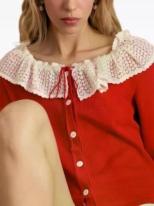 Red Malena Knitted Cardigan with Lace Collar