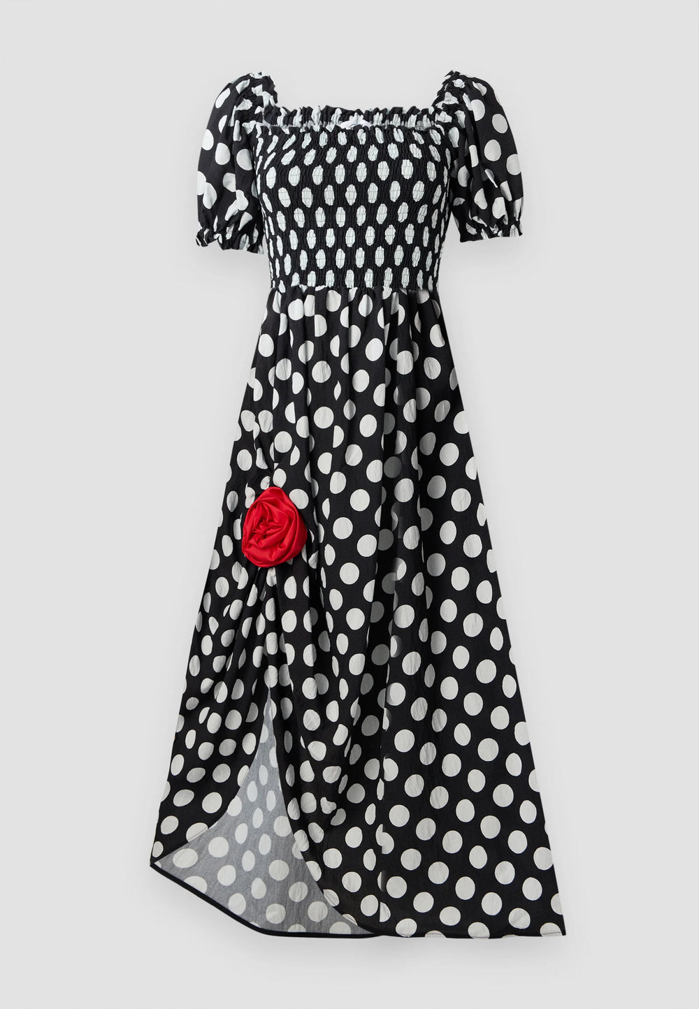 Black Polka Dot Belle Cotton Dress with Rose Detail