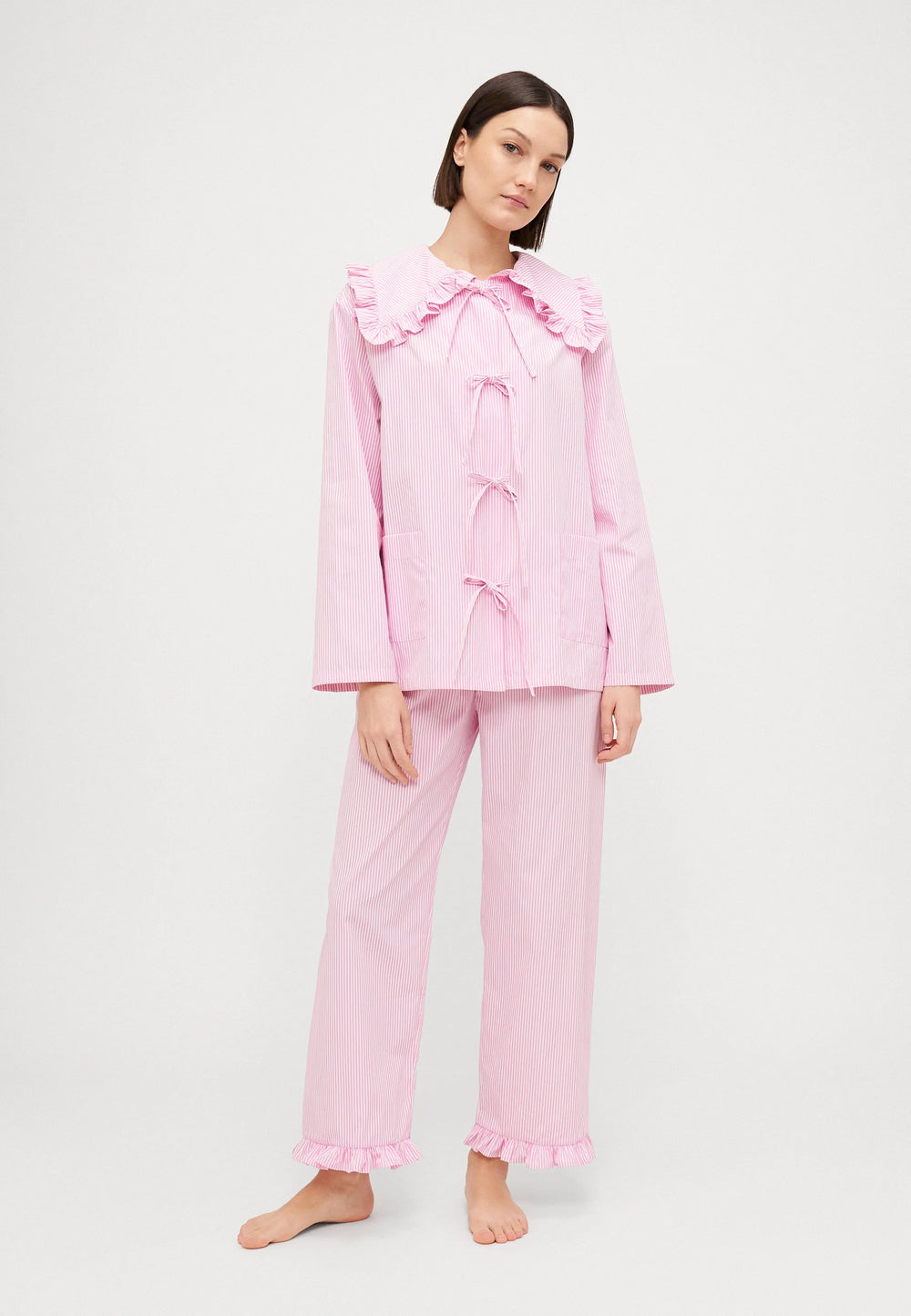 Pink Stripes Lybid Cotton Pajama Set With Ruffled Collar