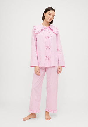 Pink Stripes Lybid Cotton Pajama Set With Ruffled Collar
