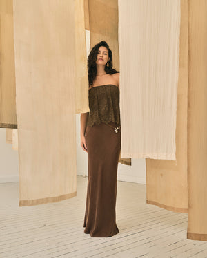 Chocolate Visions Lace Strapless Maxi Dress