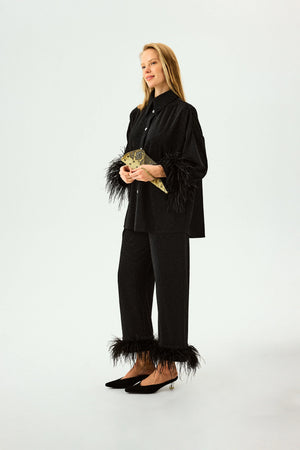 Black Cosmos Oversized Lurex Pajamas Set with Feathers