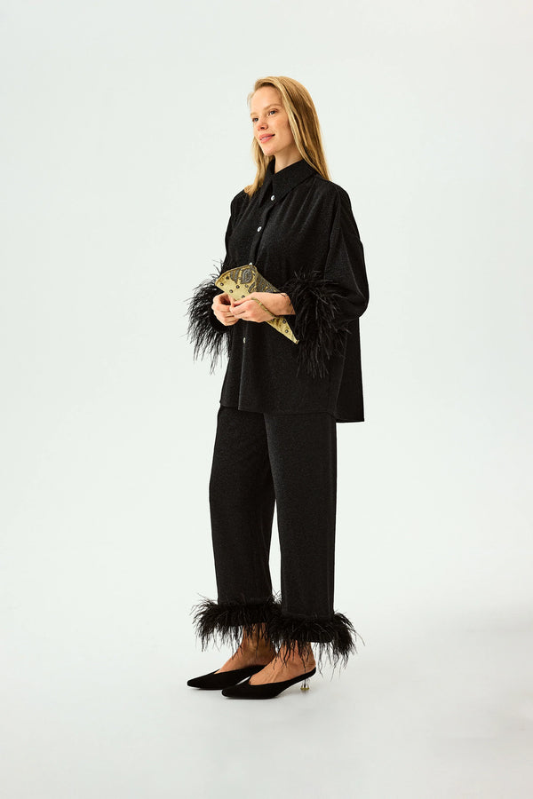 Black Cosmos Oversized Lurex Pajamas Set with Feathers