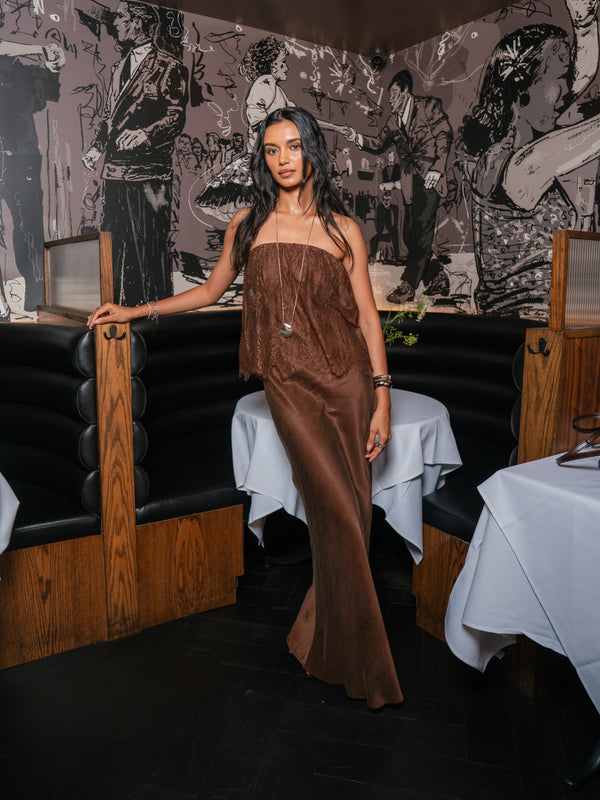 Chocolate Visions Lace Strapless Maxi Dress