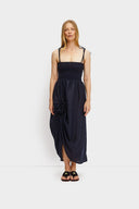 Navy Atlanta Linen Strap Dress With Rose Detail