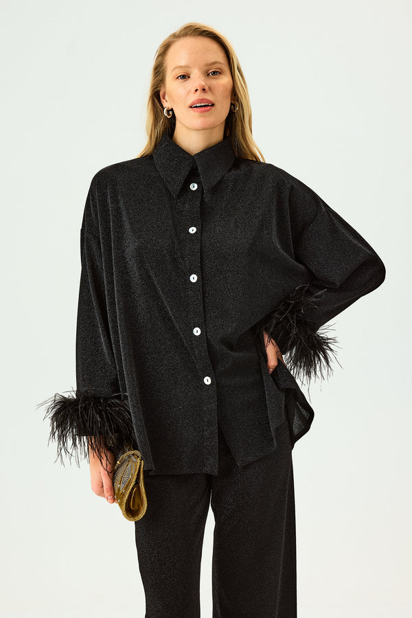 Black Cosmos Oversized Lurex Pajamas Set with Feathers