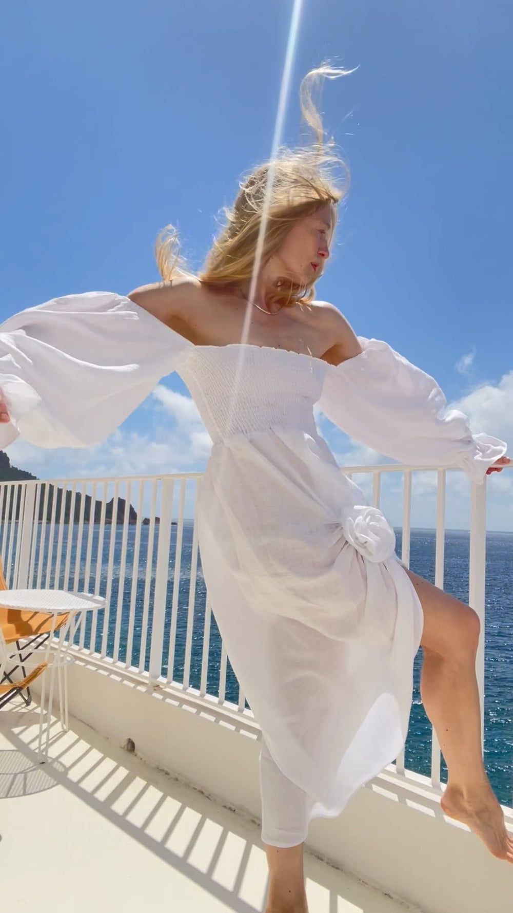 White Atlanta Linen Dress with Rose Detail