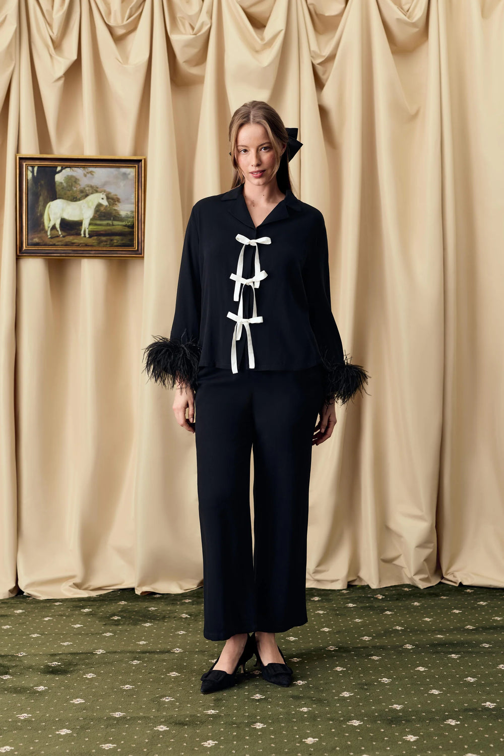 Black Bow Pajama Set with Detachable Feathers