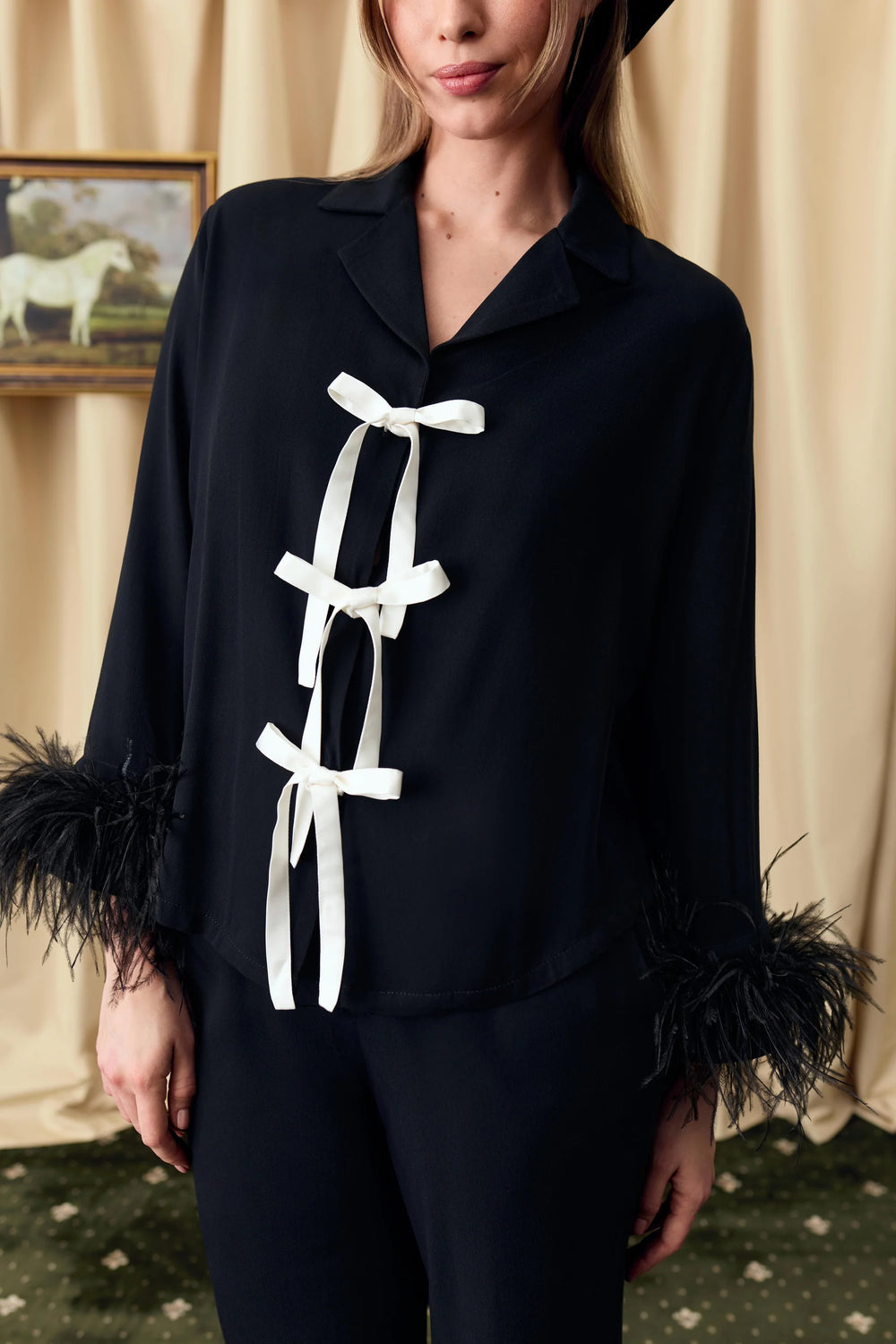 Black Bow Pajama Set with Detachable Feathers