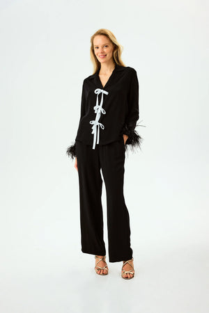 Black Bow Pajama Set with Detachable Feathers