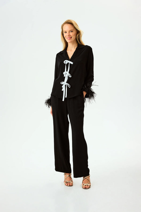 Black Bow Pajama Set with Detachable Feathers