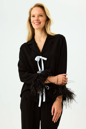 Black Bow Pajama Set with Detachable Feathers