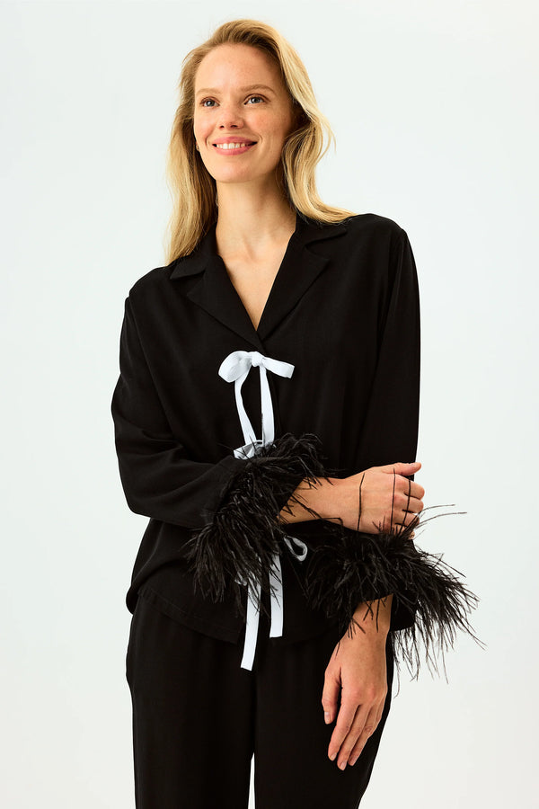 Black Bow Pajama Set with Detachable Feathers