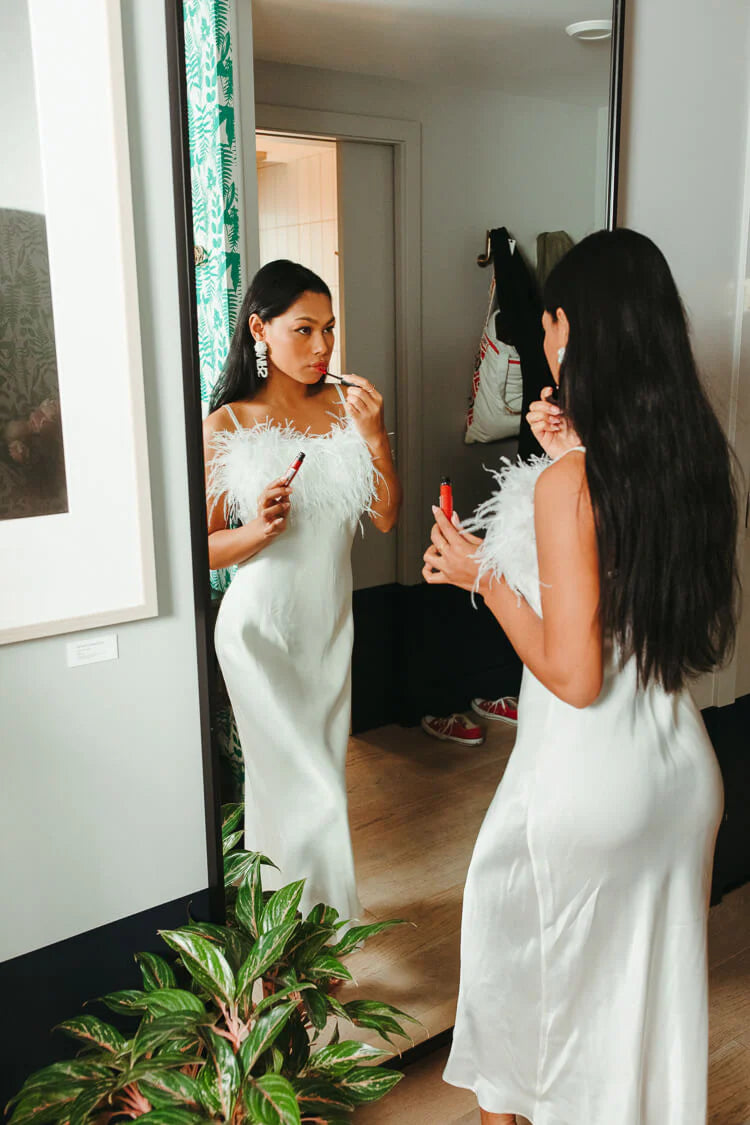 White Boheme Slip Dress with Feathers