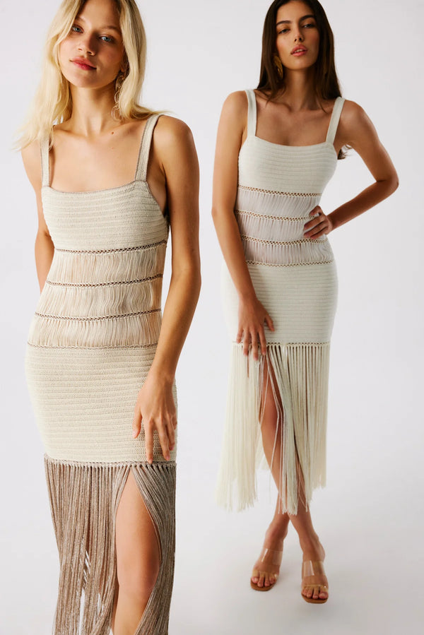 Bronze Bonbon Hand-Crocheted Fringe Maxi Dress