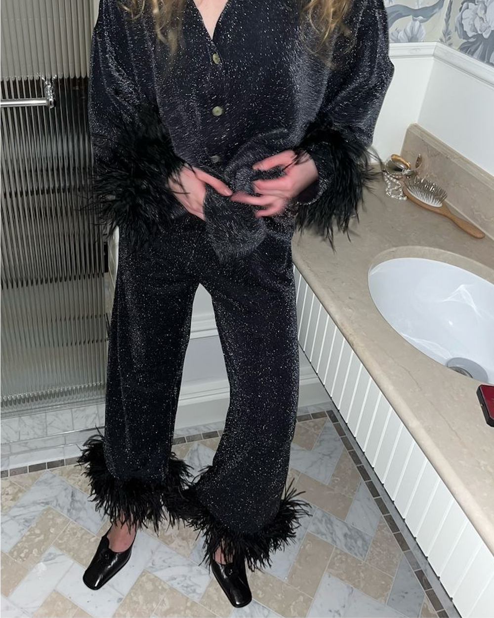 Black Cosmos Oversized Lurex Pajama Set with Feathers