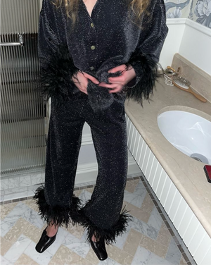 Black Cosmos Oversized Lurex Pajama Set with Feathers
