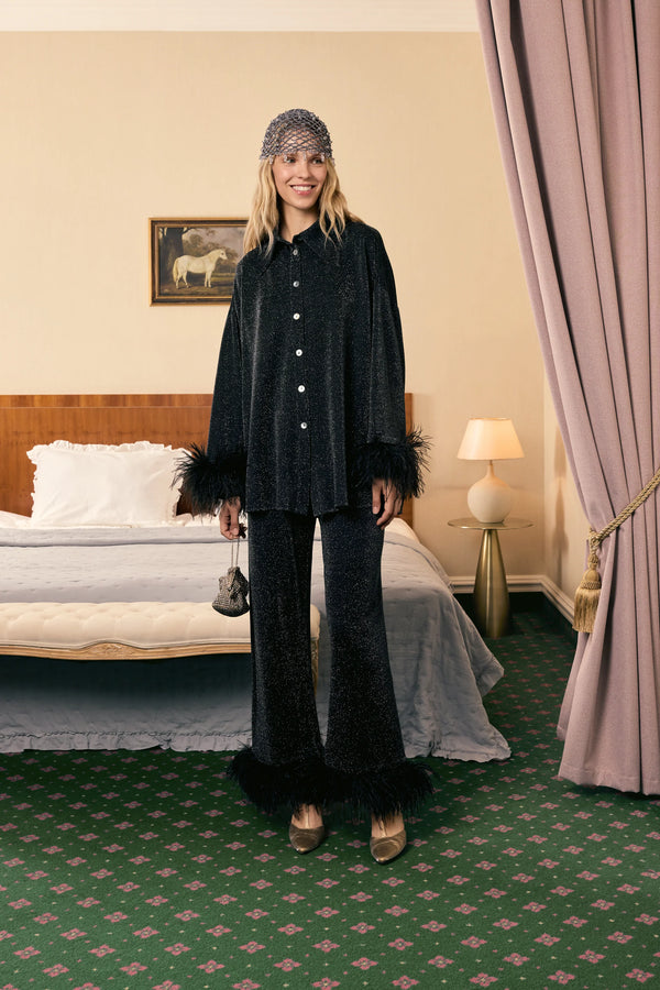 Black Cosmos Oversized Lurex Pajamas Set with Feathers