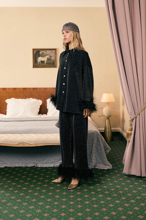 Black Cosmos Oversized Lurex Pajamas Set with Feathers