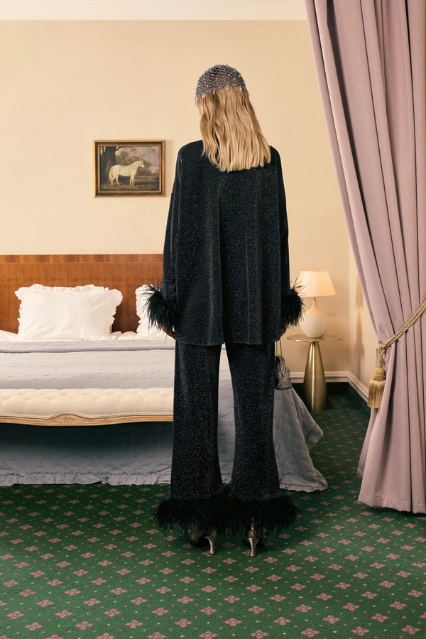 Black Cosmos Oversized Lurex Pajamas Set with Feathers