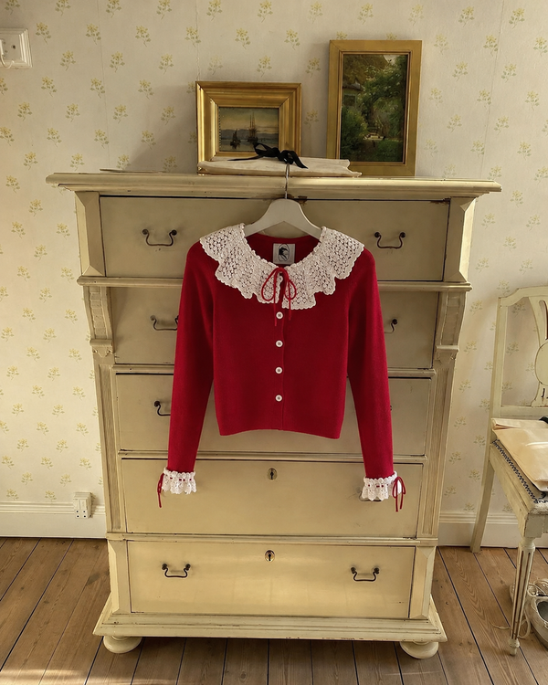 Red Malena Knitted Cardigan with Lace Collar