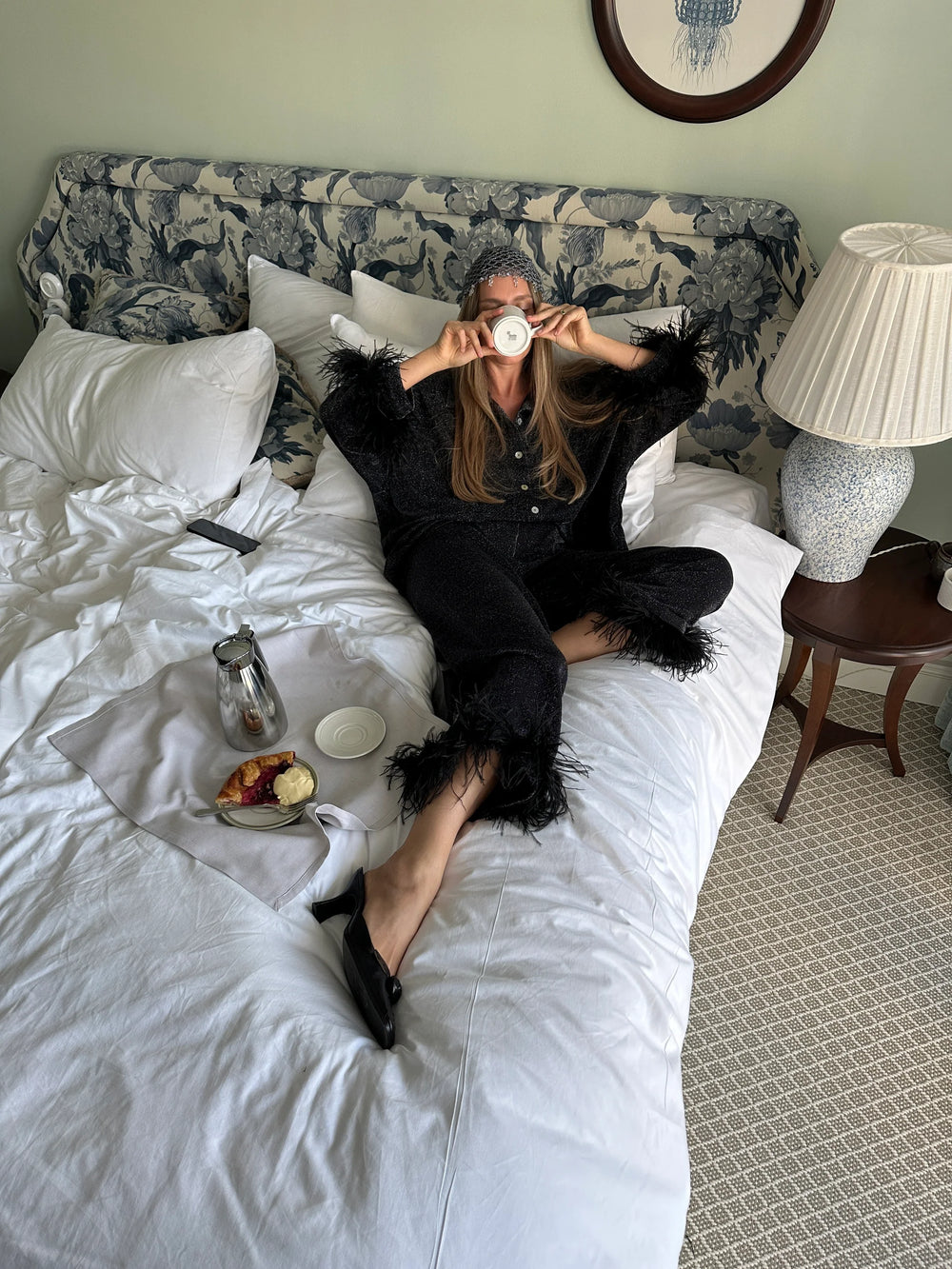 Black Cosmos Oversized Lurex Pajamas Set with Feathers
