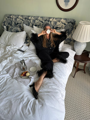 Black Cosmos Oversized Lurex Pajamas Set with Feathers