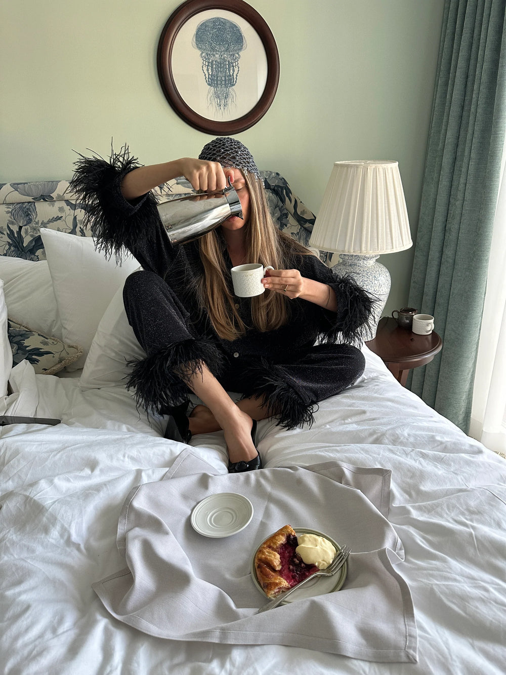 Black Cosmos Oversized Lurex Pajamas Set with Feathers