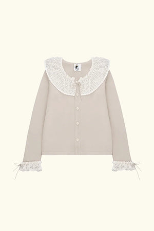 Beige Malena Knitted Cardigan with Lace Collar