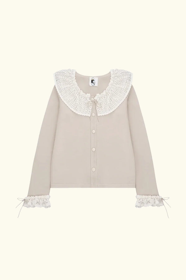 Beige Malena Knitted Cardigan with Lace Collar