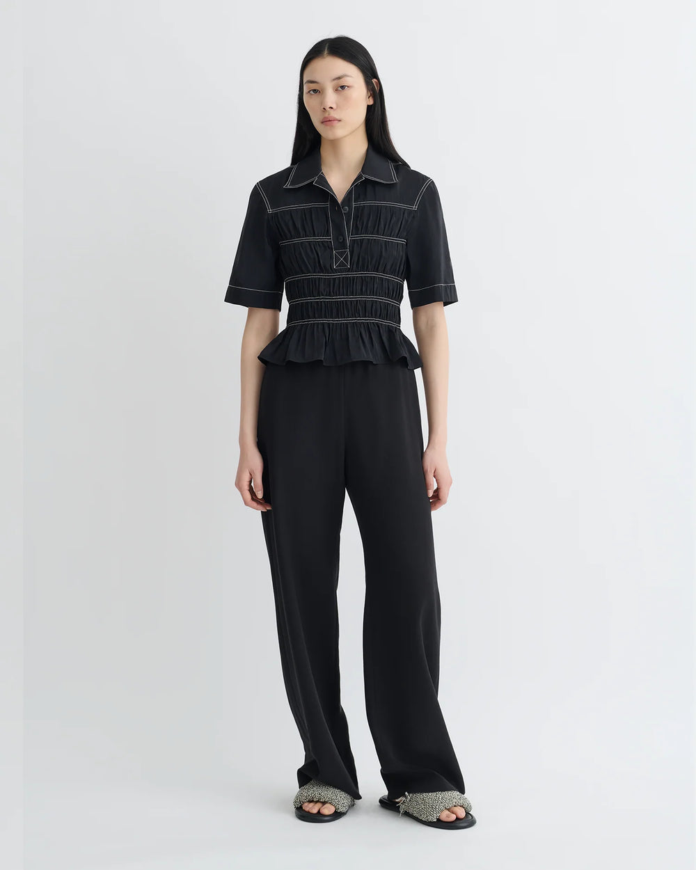 Nairi Smocked Glass Poplin Shirt