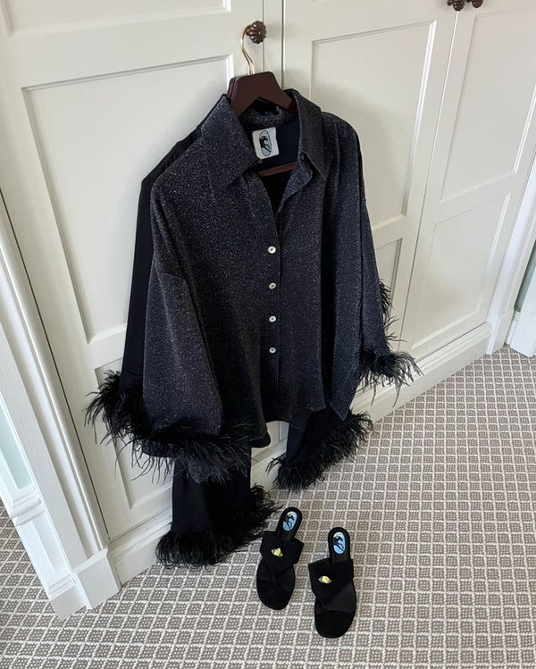 Black Cosmos Oversized Lurex Pajama Set with Feathers