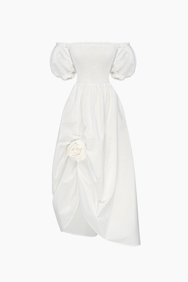 White Belle Cotton Dress with Rose Detail