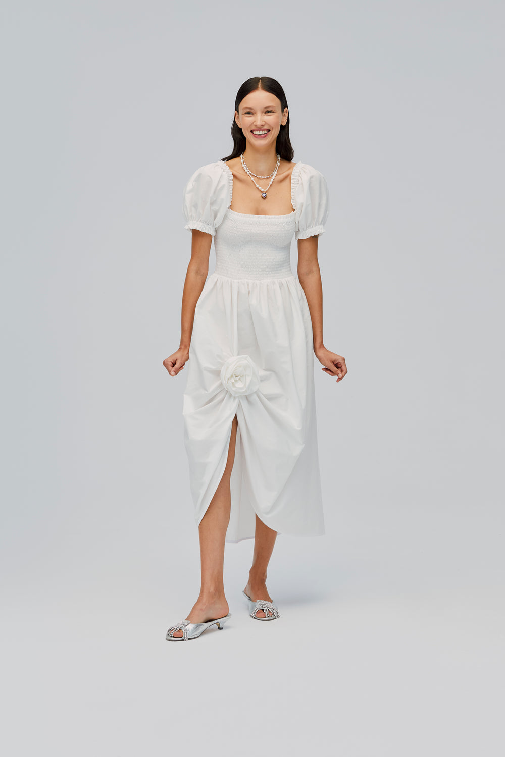 White Belle Cotton Dress with Rose Detail