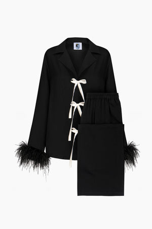 Black Bow Pajama Set with Detachable Feathers
