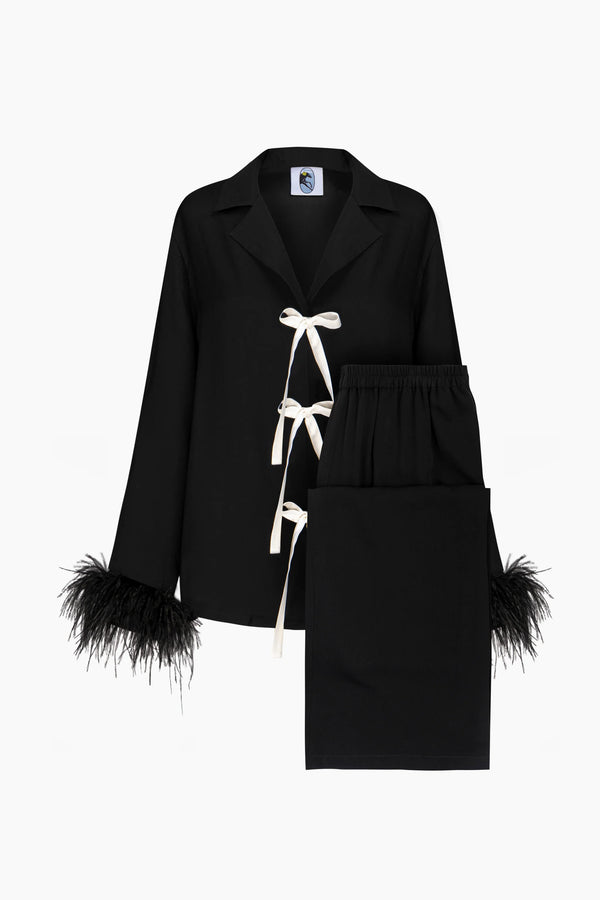 Black Bow Pajama Set with Detachable Feathers
