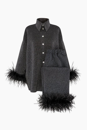 Black Cosmos Oversized Lurex Pajamas Set with Feathers