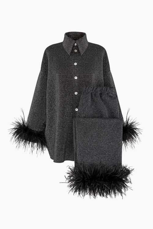 Black Cosmos Oversized Lurex Pajama Set with Feathers
