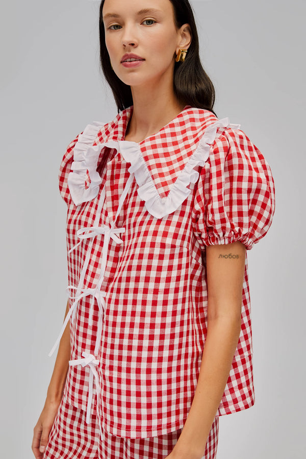 Red Puff Linen Lounge Shirt