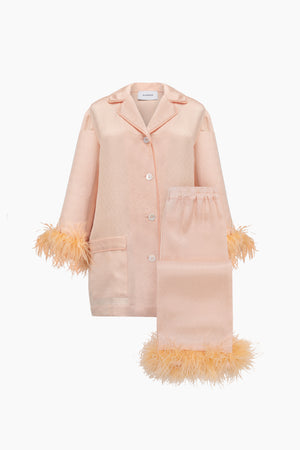 Peach Jacquard Party Pajamas Set With Detachable Feathers