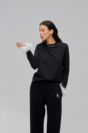 Black & White Long Sleeve Stretch-cotton Jersey T-Shirt with Detachable Feathers