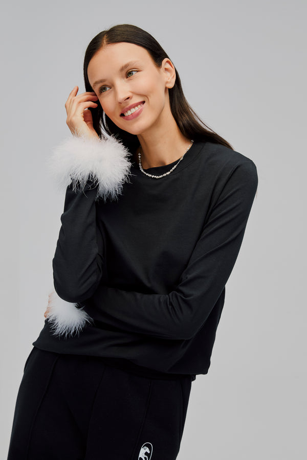 Black & White Long Sleeve Stretch-cotton Jersey T-Shirt with Detachable Feathers
