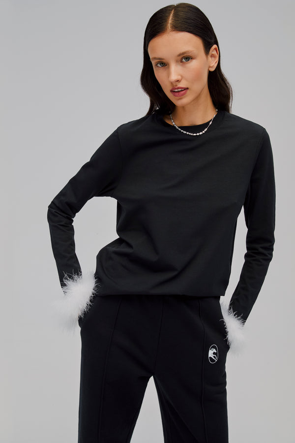 Black & White Long Sleeve Stretch-cotton Jersey T-Shirt with Detachable Feathers