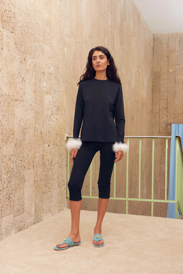 Black & White Long Sleeve Stretch-cotton Jersey T-Shirt with Detachable Feathers